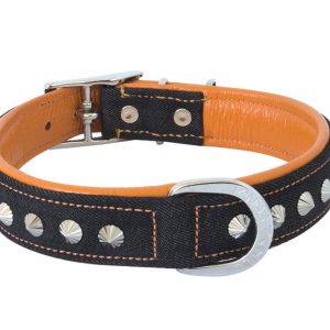 Black Denim & orange leather dog collar